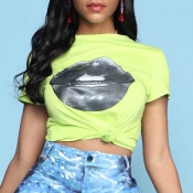 Lovely Casual Lip Print Green T-shirt