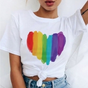 Lovely Casual O Neck Heart White T-shirt