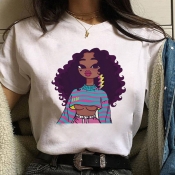 Lovely Casual O Neck Cartoon Print White T-shirt