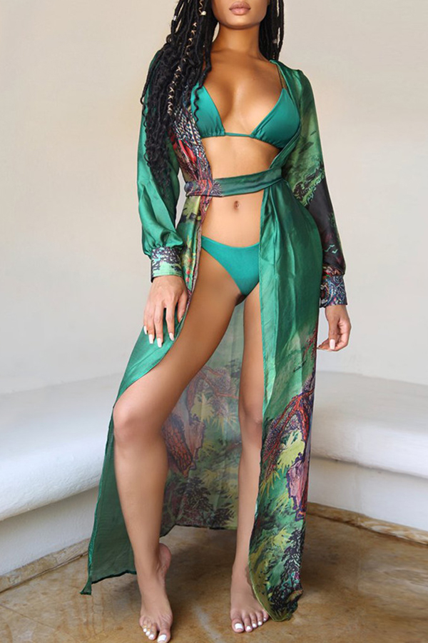 Lovely Print Green Two-piece Swimsuit(With Cover-Up)