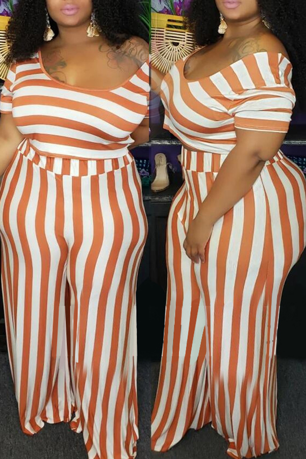 Lovely &nbsp;Casual Striped Orange Plus Size Two-piece Pants Set