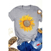 Lovely Casual O Neck Print Grey T-shirt