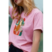 Lovely Leisure O Neck Print Pink Plus Size T-shirt