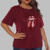 Lovely Casual O Neck Lip Red Plus Size T-shirt