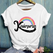 Lovely Casual O Neck Rainbow Print White T-shirt