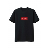 LW COTTON Men Leisure O Neck Letter Print Black T-