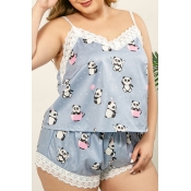 Lovely Sexy Cartoon Print Bbby Blue Plus Size Slee