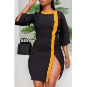 Lovely Casual Patchwork Black Mini Plus Size Dress