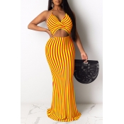 Lovely Sexy Striped Yellow Maxi Dress