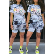Lovely Trendy Print Grey Two-piece Shorts Set
