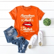 Lovely Casual Lip Print Orange Plus Size T-shirt