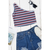 Lovely Trendy One Shoulder Striped Camisole