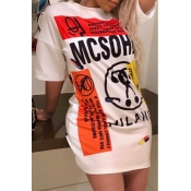 Lovely Casual O Neck Print White Mini T-shirt Dres