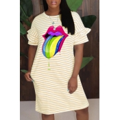 Lovely Casual Striped Print Yellow Knee Length Dre