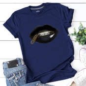 Lovely Plus Size Casual Lip Print Navy Blue T-shir