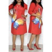 Lovely Casual Butterfly Print Red Knee Length Plus