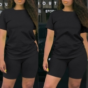 Lovely Plus Size Casual Basic Black Two-piece Shor