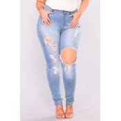 Lovely Casual Hollow-out Blue Plus Size Jeans