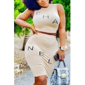 Lovely Casual Letter Beige Two-piece Skirt Set