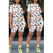 Lovely Casual Butterfly Print White Two-piece Shor