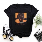 Lovely Leisure O Neck Print Black T-shirt