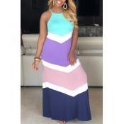 Lovely Casual Color-lump Patchwork Blue Ankle Leng