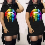 Lovely Leisure V Neck Lip Print Black Knee Length 
