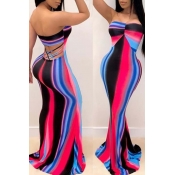 LW Trendy Dew Shoulder Striped Pink Maxi Dress