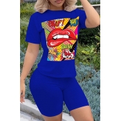 Lovely Casual Lip Print Blue Two-piece Shorts Set
