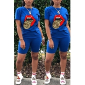 Lovely Casual Lip Print Blue Two-piece Shorts Set