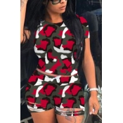 Lovely Casual Print Red Two-piece Shorts Set