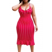 Lovely Sweet Dot Print Red Mid Calf Plus Size Dres