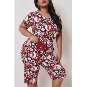 Lovely Leisure Print Red Plus Size Two-piece Short
