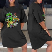 Lovely Casual Cartoon Print Black Knee Length Dres