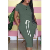 LW Leisure Lace-up Green Mid Calf Dress