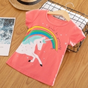 Lovely Leisure O Neck Cartoon Print Red Girl T-shi