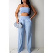 Lovely Trendy Dew Shoulder Baby Blue Two-piece Pan