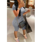 Lovely Casual O Neck Basic Grey Two-piece Shorts S