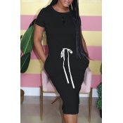 Lovely Casual O Neck Lace-up Black Knee Length Dre