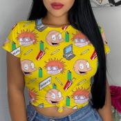 Lovely Casual Cartoon Print Yellow T-shirt