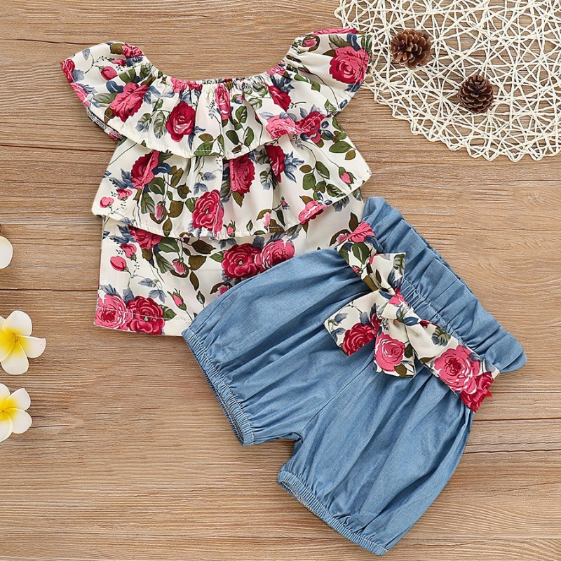 Lovely Stylish Print Blue Girl Two-piece Shorts Set