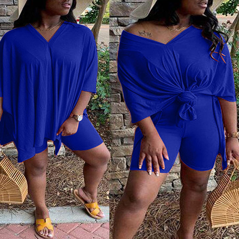Lovely Leisure V Neck Basic Blue Plus Size Two-piece Shorts Set