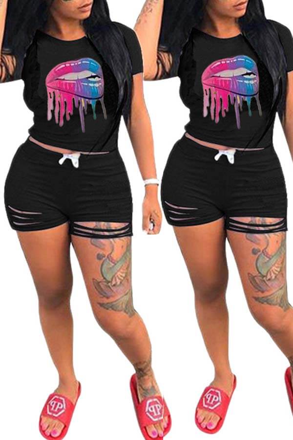 Lovely Leisure O Neck Lip Print Black Two-piece Shorts Set