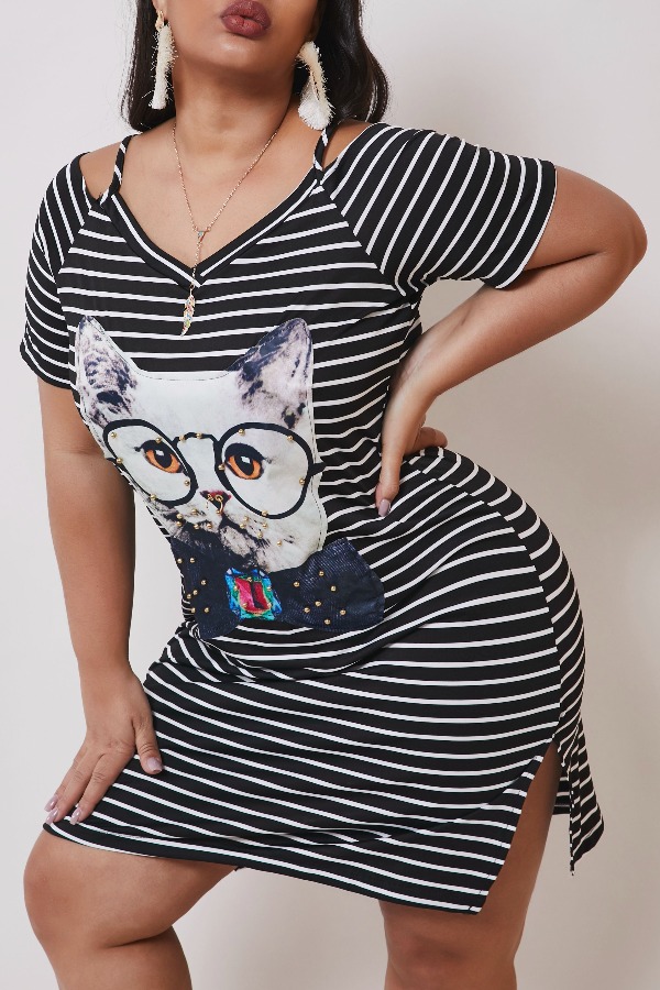 lovely Casual Striped Print Knee Length Plus Size Dress