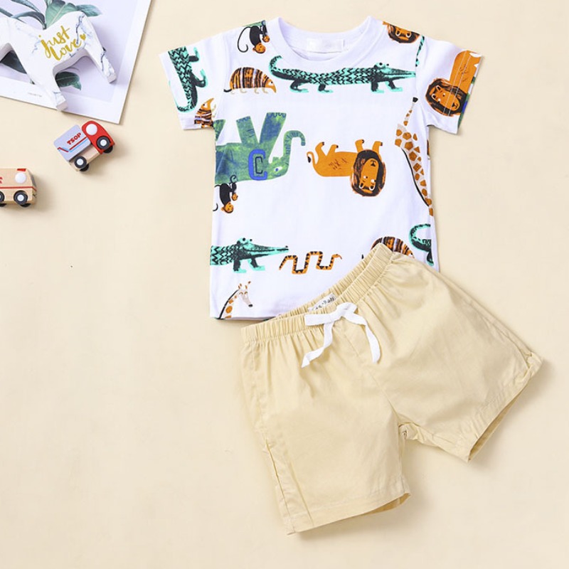 lovely Casual O Neck Print White&nbsp;Boy Two-piece Shorts Set
