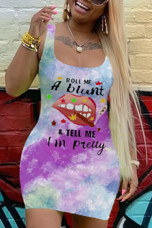 lovely Casual Lip Print Purple Mini Dress