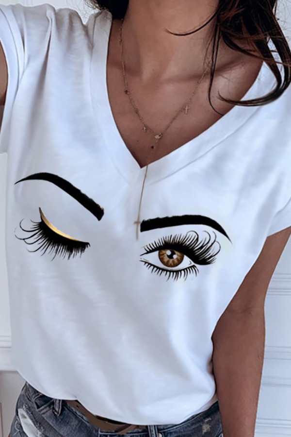 Lovely Casual V Neck Eye Print Black T-shirt