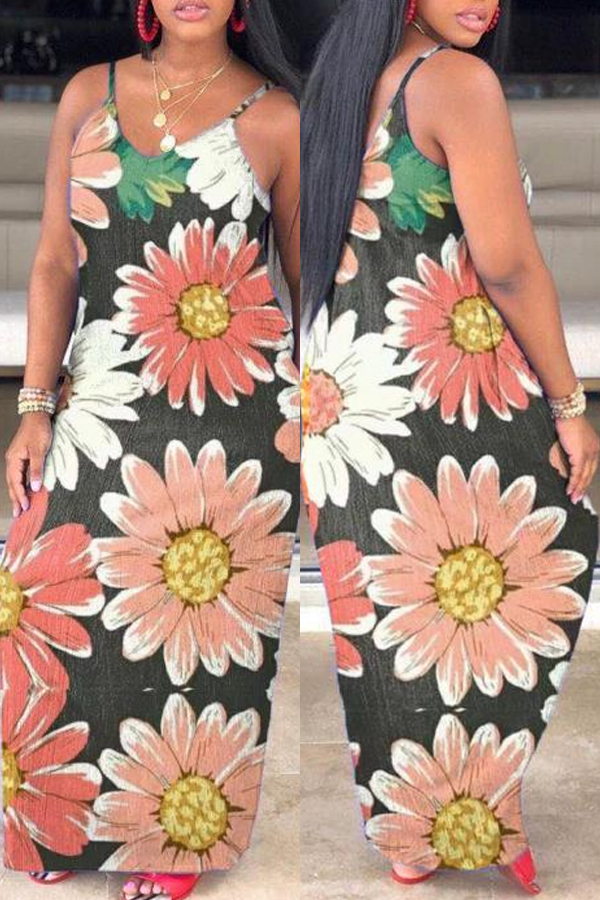 lovely Trendy Print Pink Maxi Dress