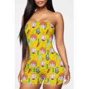 Lovely Casual O Neck Cartoon Print Yellow One-piec