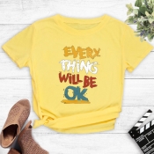 Lovely Leisure O Neck Letter Print Yellow T-shirt